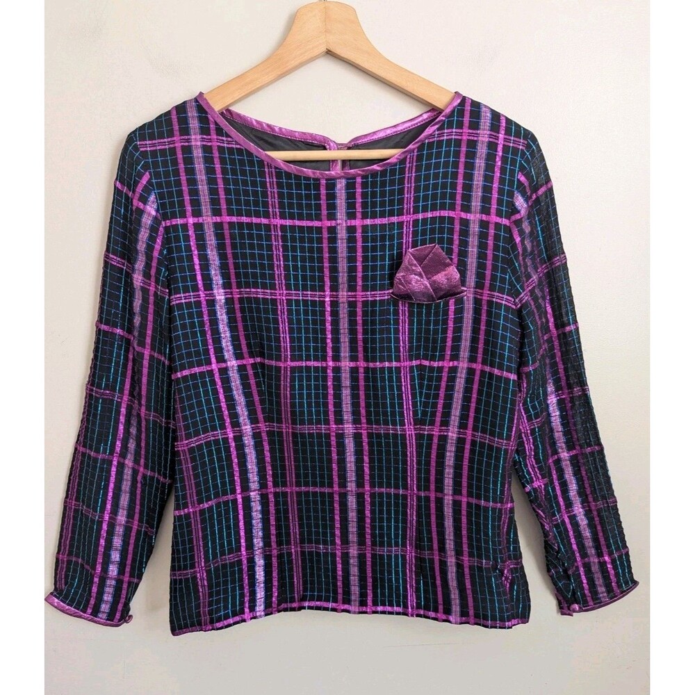 Vtg 80s Metallic Purple Teal Top Cocktail Disco Mardi Gras Party Plaid USA 10